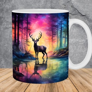 Northern Lights Deer Forest Mug Wrap 11oz & 15oz Mug Template, Mug Sublimation Design Mug Wrap Template PNG Instant Digital Download