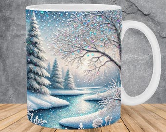 Glitter Sequin Winter River Mug Wrap 11oz & 15oz Mug Template, Winter Mug Sublimation Design Mug Wrap Template PNG Instant Digital Download