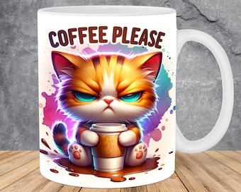 Adesivo per tazza da caffè con gatto scontroso ad acquerello, 11 oz 15 oz (download digitale PNG)