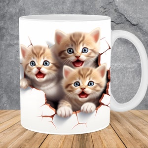 3D Kittens Hole In A Wall Mug Wrap 11oz & 15oz Mug Template, 3D Cat Mug Sublimation Design Mug Wrap Template PNG Instant Digital Download