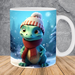 3D Winter Dinosaur Mug Wrap 11oz & 15oz Mug Template, 3D Mug Sublimation Design Mug Wrap Template PNG Instant Digital Download