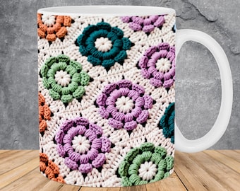 3D Crochet Flowers Mug Wrap 11oz & 15oz Mug Template, Knitted Mug Sublimation Design Mug Wrap Template PNG Instant Digital Download