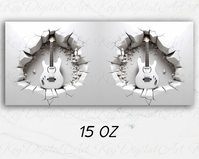 3D White Guitar Hole In A Wall Mug Wrap 11oz & 15oz Mug Template, 3D Mug Sublimation Design Mug Wrap Template PNG Instant Digital Download image 2