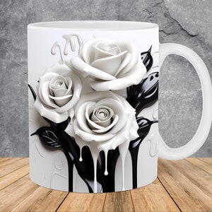 3D White Black Paint Flowers Mug Wrap 11oz & 15oz Mug Template, Flower Mug Sublimation Design Mug Wrap Template PNG Instant Digital Download
