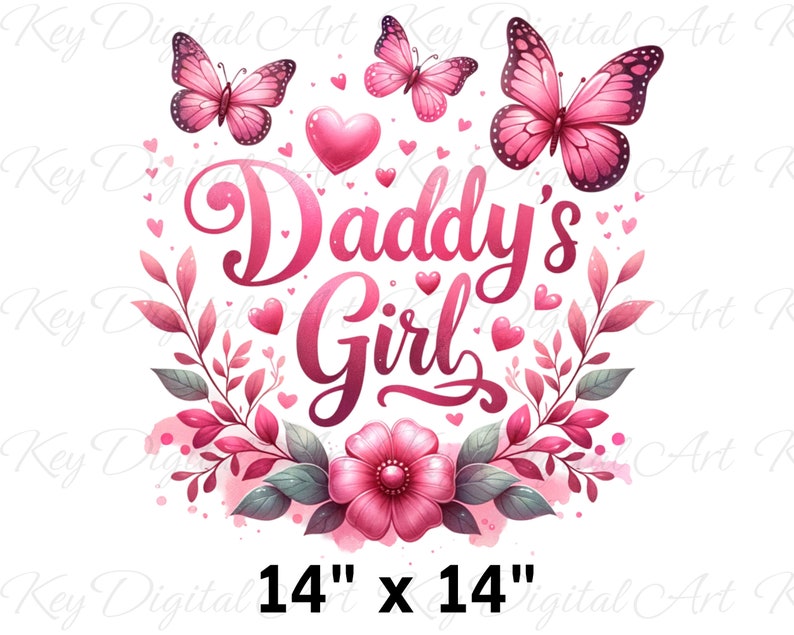 May include: Pink and green floral design with the text "Daddy's Girl" in pink lettering. The design includes butterflies and hearts. The image is 14 inches by 14 inches.