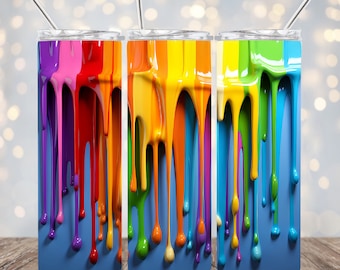 3D Rainbow Dripping Paint 20 oz Skinny Tumbler Sublimation Design, 3D Straight & Tapered Tumbler Wrap PNG Instant Digital Download
