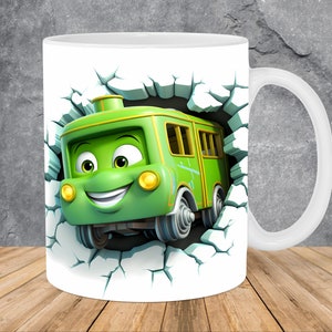 Buraco de trem de desenho animado 3D em uma caneca de parede embrulho modelo de caneca de 11 onças e 15 onças, design de sublimação de caneca 3D modelo de embrulho de caneca download digital instantâneo PNG