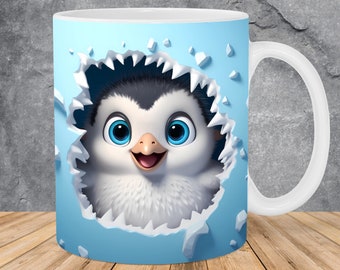 3D Baby Penguin Hole In Blue Wall Mug Wrap 11oz & 15oz Mug Template, Mug Sublimation Design Mug Wrap Template PNG Instant Digital Download