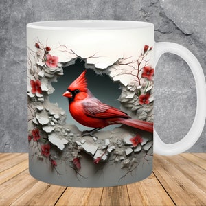 3D Cardinal rouge oiseau trou dans un mur Mug Wrap 11 oz & modèle de tasse 15 oz, conception de sublimation de tasse Mug Wrap modèle PNG Téléchargement numérique instantané