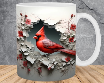 3D Red Cardinal Bird Hole In A Wall Mug Wrap 11oz & 15oz Mug Template, Mug Sublimation Design Mug Wrap Template PNG Instant Digital Download