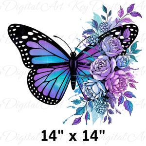 May include: A vibrant butterfly design with a 14 x 14 inch dimension. The butterfly features a gradient of purple and teal wings with black accents. Floral elements in shades of purple and blue are arranged on the right side.