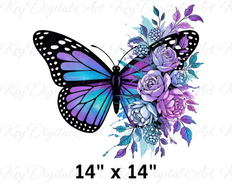 May include: A vibrant butterfly design with a 14 x 14 inch dimension. The butterfly features a gradient of purple and teal wings with black accents. Floral elements in shades of purple and blue are arranged on the right side.
