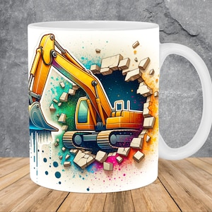Könnte beinhalten: Eine weiße Keramiktasse mit einer bunten Grafik eines gelben Baggers, der eine Ziegelmauer durchbricht. Der Bagger hat einen schwarzen Löffel und schwarze Ketten. Der Hintergrund ist ein buntes Sprühfarben-Design.