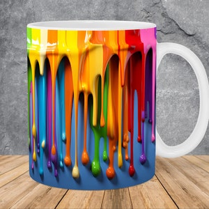 3D Rainbow Dripping Paint Mug Wrap 11oz & 15oz Mug Template, 3D Mug Sublimation Design Mug Wrap Template PNG Instant Digital Download