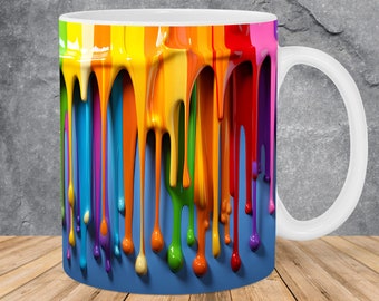 3D Rainbow Dripping Paint Mug Wrap 11oz & 15oz Mug Template, 3D Mug Sublimation Design Mug Wrap Template PNG Instant Digital Download