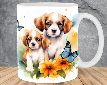 Watercolor Dog And Puppy Mug Wrap 11oz & 15oz Mug Template, Animal Mug Sublimation Design Mug Wrap Template PNG Instant Digital Download