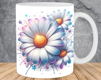 3D Glitter Daisy Flowers Mug Wrap 11oz & 15oz Mug Template, 3D Flower Mug Sublimation Design Mug Wrap Template PNG Instant Digital Download