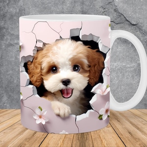 3D Cavoodle Puppy Hole In A Wall Mug Wrap 11oz & 15oz Mug Template, Mug Sublimation Design Mug Wrap Template PNG Instant Digital Download