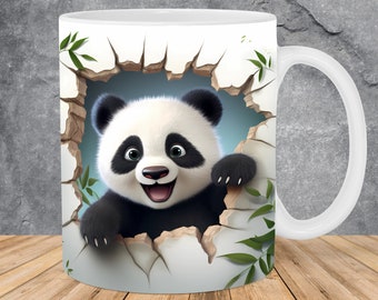 3D Panda Loch in einer Wand Becher Wrap 11 Unzen 15 Unzen Becher Vorlage, Bambusbecher Sublimation Design Becher Wrap Vorlage PNG Sofortiger digitaler Download