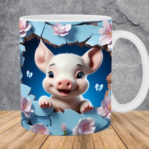 3D Baby Pig Hole In Blue Wall Mug Wrap 11oz & 15oz Mug Template, 3D Mug Sublimation Design Mug Wrap Template PNG Instant Digital Download