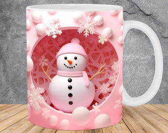 3D Snowman Pink Hole In A Wall Mug Wrap 11oz & 15oz Mug Template, 3D Mug Sublimation Design Mug Wrap Template PNG Instant Digital Download