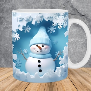 3D Snowman Hole In Snowflakes Wall Mug Wrap 11oz & 15oz Mug Template, Mug Sublimation Design Mug Wrap Template PNG Instant Digital Download