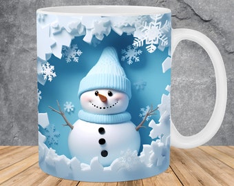 3D Snowman Hole In Snowflakes Wall Mug Wrap 11oz & 15oz Mug Template, Mug Sublimation Design Mug Wrap Template PNG Instant Digital Download