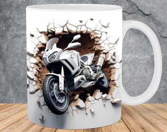 3D Motorbike Hole In A Wall Mug Wrap 11oz & 15oz Mug Template, 3D Mug Sublimation Design Mug Wrap Template PNG Instant Digital Download