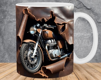 3D Motorcycle Hole In Leather Mug Wrap 11oz & 15oz Mug Template, 3D Mug Sublimation Design Mug Wrap Template PNG Instant Digital Download