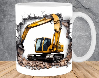 3D Excavator Builder Hole In A Wall Mug Wrap 11oz & 15oz Mug Template, Mug Sublimation Design Mug Wrap Template PNG Instant Digital Download