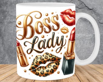 Boss Lady Mug Wrap 11oz & 15oz Mug Template, Watercolor Mug Sublimation Design Mug Wrap Template PNG Instant Digital Download