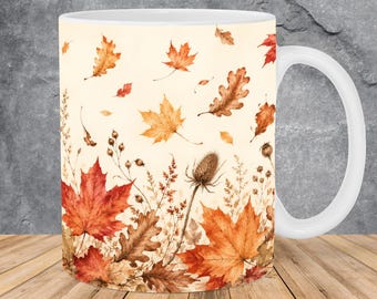 Watercolor 11oz & 15oz Mug Design, Leaves Sublimation PNG, Autumn Mug Wrap PNG