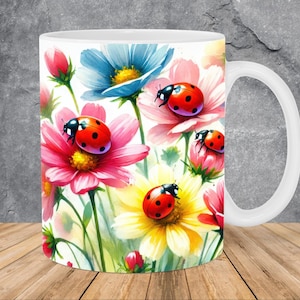 Coccinelles aquarelles et fleurs Mug Wrap 11 oz & modèle de tasse 15 oz, Mug Sublimation Design Mug Wrap modèle PNG Téléchargement numérique instantané