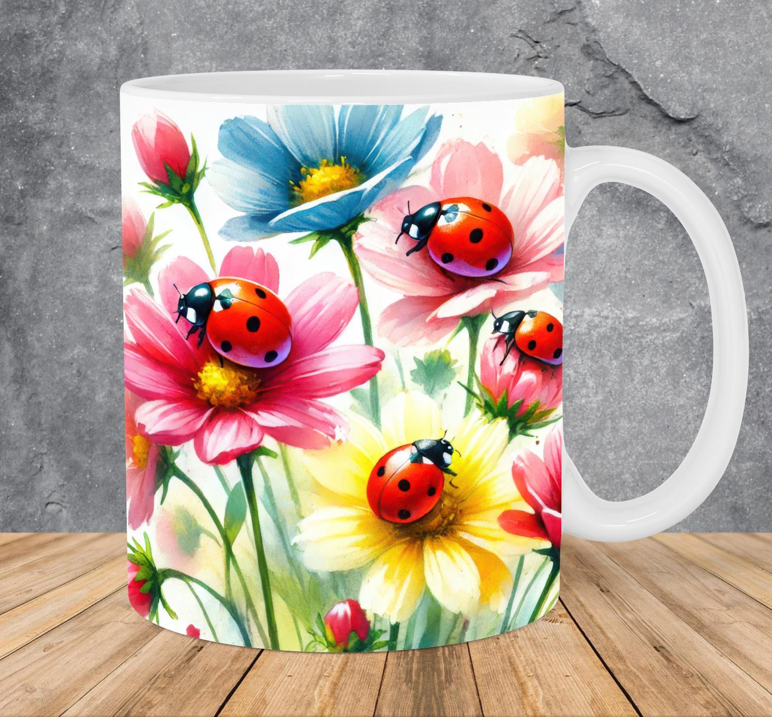 Watercolor Ladybugs And Flowers Mug Wrap 11oz & 15oz Mug Template, Mug Sublimation Design Mug Wrap Template PNG Instant Digital Download
