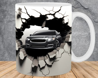 3D Car In A Hole Mug Wrap 11oz & 15oz Mug Template, Car Hole In Wall Mug Sublimation Design Mug Wrap Template PNG Instant Digital Download