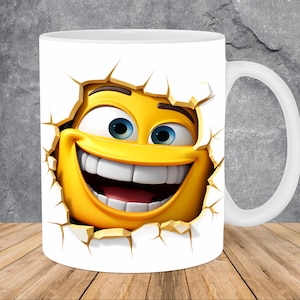 May include: White ceramic mug with a yellow smiley face breaking through the surface. The smiley face has big blue eyes and a wide, toothy grin.