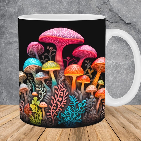 3D Colorful Mushrooms Mug Wrap 11oz & 15oz Mug Template, 3D Mug Sublimation Design Mug Wrap Template PNG Instant Digital Download