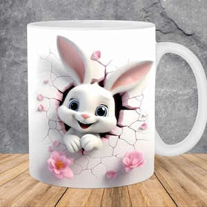 Modello di tazza 3D Baby Rabbit Hole in A Wall Mug da 11 once e 15 once, modello di tazza 3D con design a sublimazione PNG Download digitale istantaneo