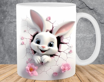 3D Baby Rabbit Hole In A Wall Mug Wrap 11oz & 15oz Mug Template, 3D Mug Sublimation Design Mug Wrap Template PNG Instant Digital Download