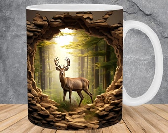 3D Deer Forest Hole In A Wall Mug Wrap 11oz & 15oz Mug Template, 3D Mug Sublimation Design Mug Wrap Template PNG Instant Digital Download