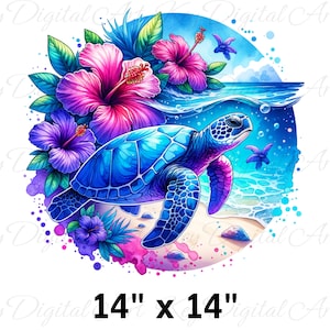 May include: A vibrant watercolor painting of a blue sea turtle swimming in the ocean. The turtle is surrounded by pink and purple hibiscus flowers and green leaves. The background is a blue and white watercolor wash.