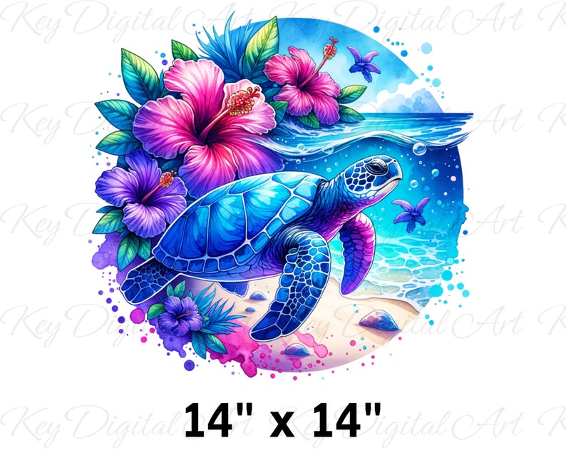 May include: A vibrant watercolor painting of a blue sea turtle swimming in the ocean. The turtle is surrounded by pink and purple hibiscus flowers and green leaves. The background is a blue and white watercolor wash.
