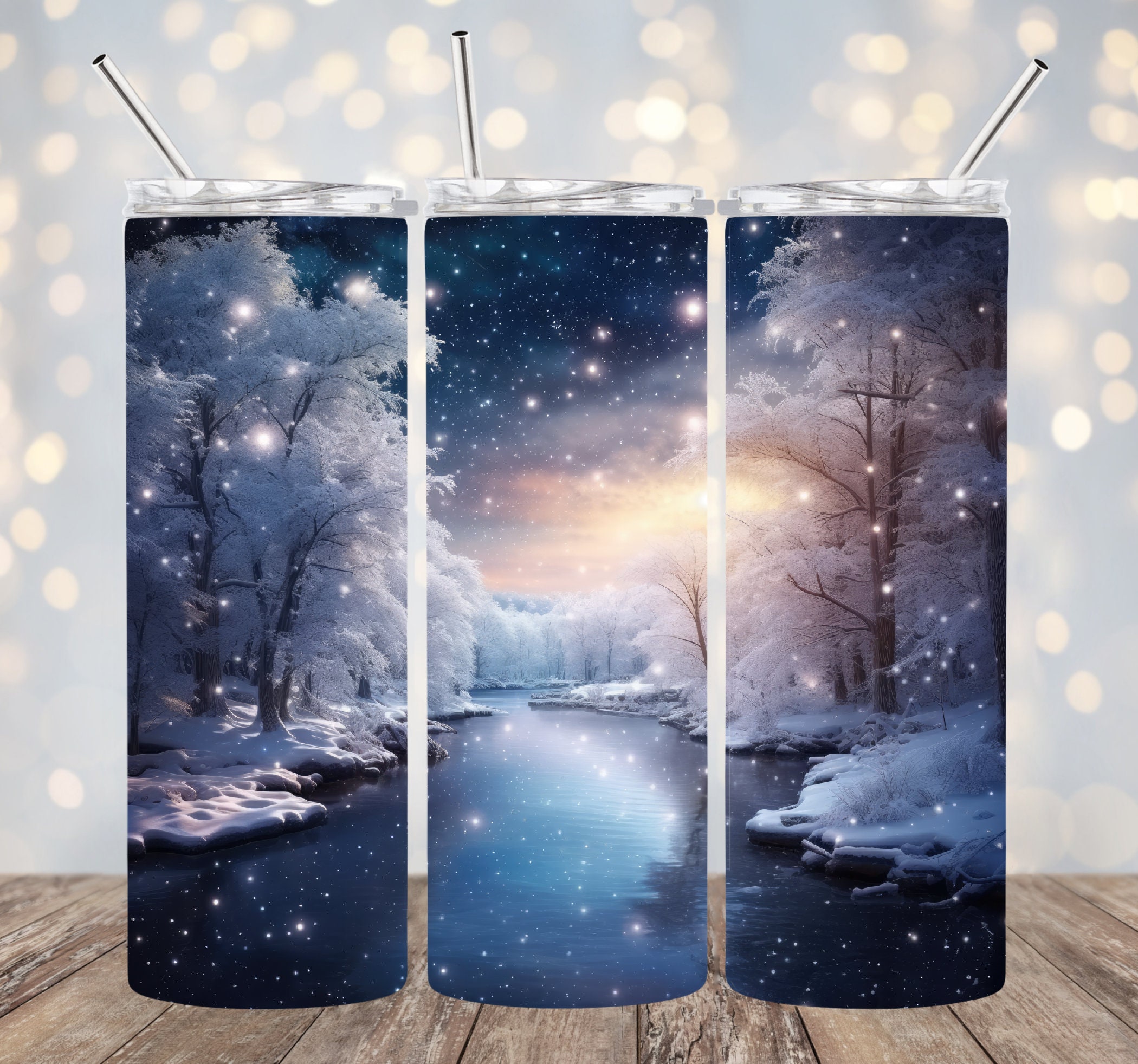 3D Winter Lake 20 Oz Skinny Tumbler Sublimation Design, 3D Snowy Trees ...