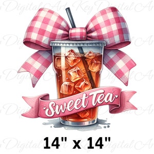 May include: A pink and white gingham bow sits atop a glass of iced tea with ice cubes. The glass has a pink ribbon wrapped around it with the words "Sweet Tea" written on it. The image is 14 inches by 14 inches.
