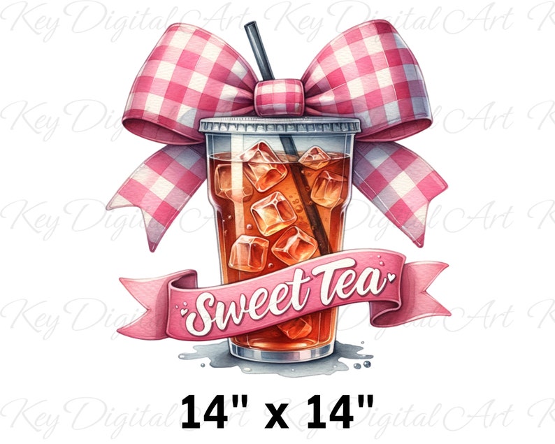 May include: A pink and white gingham bow sits atop a glass of iced tea with ice cubes. The glass has a pink ribbon wrapped around it with the words "Sweet Tea" written on it. The image is 14 inches by 14 inches.