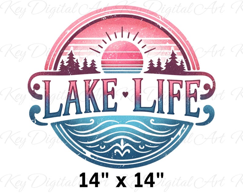May include: A vintage-style round logo featuring a sunset and lake scene. The logo is in shades of pink, blue, and white with the text "LAKE LIFE" in a stylised font. The logo is 14 inches by 14 inches.
