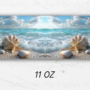 May include: A beach scene with a seashell and starfish on the sand. The seashell is white with brown stripes and the starfish is orange. The background is a blue ocean with white clouds.