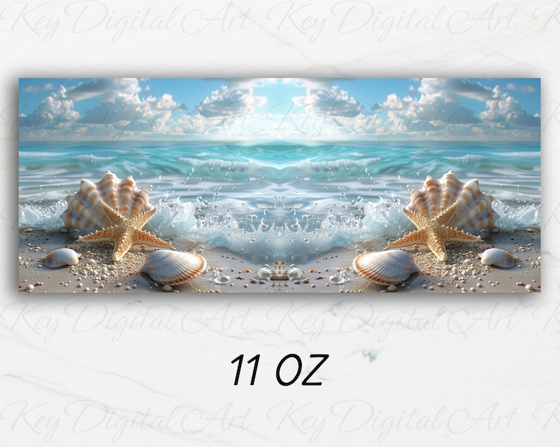 May include: A beach scene with a seashell and starfish on the sand. The seashell is white with brown stripes and the starfish is orange. The background is a blue ocean with white clouds.