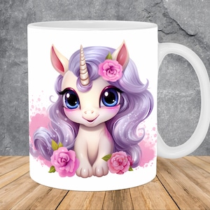 Aquarell Baby Einhorn Becher wickeln 11oz 15oz Becher Vorlage, Blumenbecher Sublimation Design Becher Wrap Vorlage PNG Sofortiger digitaler Download