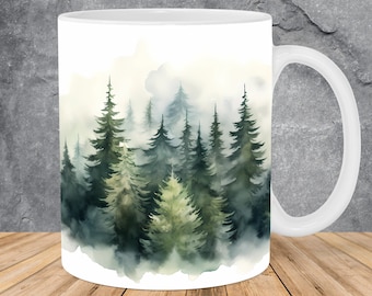 Watercolor Forest Mug Wrap 11oz & 15oz Mug Template, Mug Sublimation Design Mug Wrap Template PNG Instant Digital Download